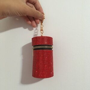 Small Red and Black Rhinestone Decor Lipstick Zipper Keychain Holder Bag Charm